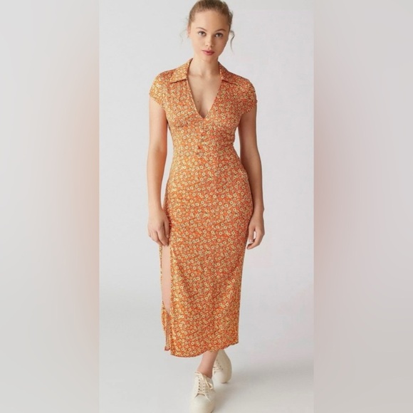 Urban Outfitters Orange Retro Floral Midi Dress